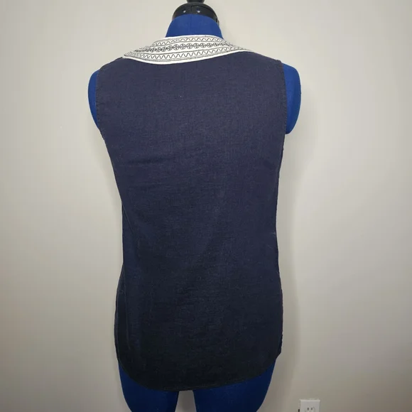 Carole Little Navy Blue Linen Naitical Top - Picture 3 of 6